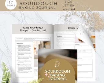 May include: A brown and gold journal with the title "Sourdough Baking Journal: A Chronicle of Fermentation and Flour". The journal has a recipe for basic sourdough bread and a section for recording recipes and evaluations.