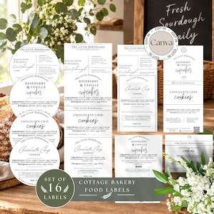 Op de afbeelding: Een set van 16 witte voedseletiketten voor The Little Bakehouse, met zwarte tekst voor geroosterde knoflook-rozemarijn zuurdesem, framboos-vanille cupcakes en chocoladekoekjes, inclusief ingrediëntenlijsten en informatie over allergenen.