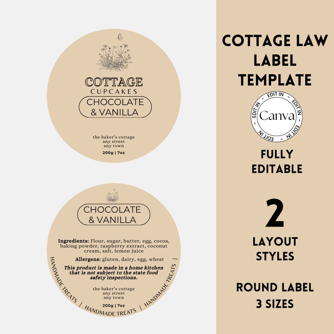 Cottage Law Food Label Template, Editable Round Label, Customizable ...
