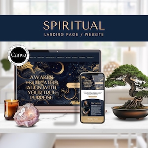 May include: A laptop and smartphone showcasing a website design with the text "SPIRITUAL LANDING PAGE / WEBSITE." The laptop screen displays "AWAKEN YOUR PATH & ALIGN WITH YOUR TRUE PURPOSE." A bonsai tree and crystals are also present.