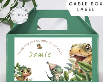 May include: Green gable box favor label with a dinosaur theme. The label features a large dinosaur with a toothy grin, two smaller dinosaurs, and green foliage. The text on the label reads "Thank you for coming to my party Jamie".