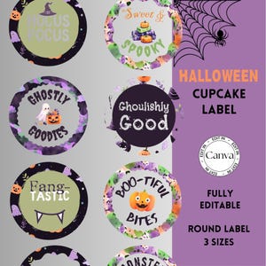 Halloween Cupcake Toppers, Edit in Canva, 3 sizes of Halloween Stickers, Halloween Printable Decoration, Halloween Party Decoration