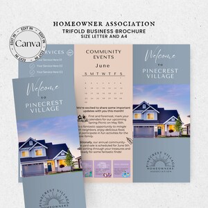 May include: A trifold brochure for the Pinecrest Village Homeowners Association. The brochure features a calendar for June, a welcome message, and information about upcoming community events, including a spring picnic and a yard sale. The brochure is designed with a blue and white colour scheme and features a cartoon image of a house.
