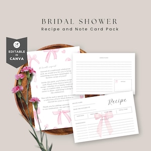 Ensemble de cartes de recettes et de cartes de vœux personnalisables avec noeud rose, décoration d'étiquette cadeau Coquette pour la douche nuptiale, téléchargement immédiat modifiable sur toile
