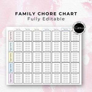 Editable Family Chore Chart, Weekly Kids Chore List, Responsibility Planner, Edit and Customize with Family Names, Edit in Canva