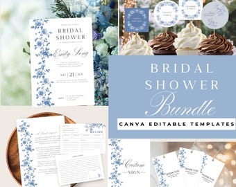 Something Blue Bridal Shower Bundle, Customizable Blue Chinoiserie Bridal Shower Invitation and Decor, Editable Baby Shower, Canva Editable