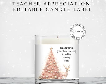 Teacher Appreciation Editable Candle Label, Christmas Holiday, Personalise Candle Sticker for Teacher Gift, Business Gift Label, Canva Edit