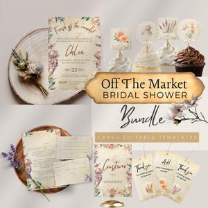 Customizable Fresh Off The Market Bridal Shower Bundle, Vintage Flower Bridal Shower Invitation and Decor, Baby Shower Decor, Canva Editable