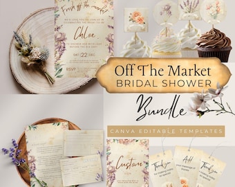 Customizable Fresh Off The Market Bridal Shower Bundle, Vintage Flower Bridal Shower Invitation and Decor, Baby Shower Decor, Canva Editable