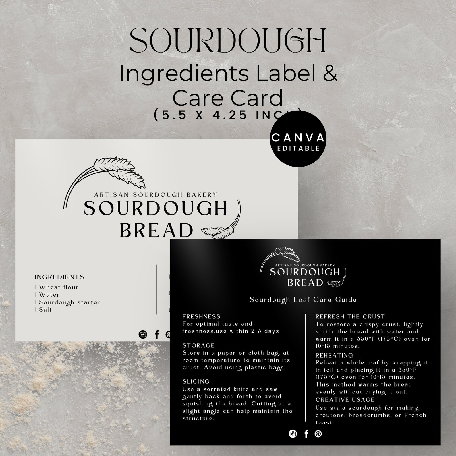 Sourdough Bread Care Card Label and Ingredients Label, Editable Cottage ...
