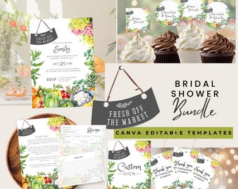 Customizable Fresh Off The Market Bridal Shower Bundle, Fruit and Vegetable Bridal Shower Invitation and Decor, Baby Shower, Canva Editable