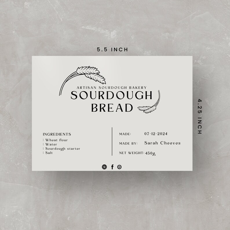 Sourdough Bread Care Card Label and Ingredients Label, Editable Cottage ...