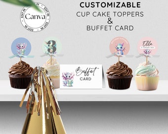 Baby Dragon Editable Cupcake Toppers and Buffet Card Template, Customizable Party Favor Printable, Pet Party Favor Canva Template, BD100