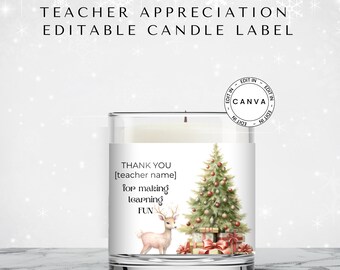 Teacher Appreciation Editable Candle Label, Christmas Holiday, Personalise Candle Sticker for Teacher Gift, Business Gift Label, Canva Edit