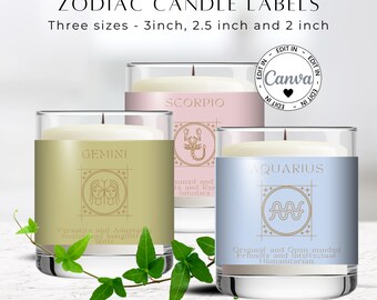 Etiqueta de vela de astrología, pegatina de vela del zodíaco editable, regalo de cumpleaños del horóscopo, etiqueta de advertencia, etiqueta de logotipo, etiqueta de tapa, plantilla de Canva