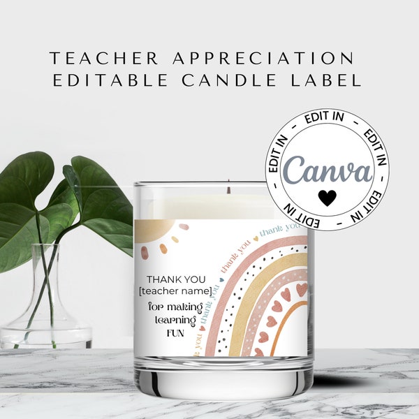 Teacher Appreciation Editable Candle Label, Personalise Candle Sticker for Teacher Gift, Business Gift Label, Canva Template