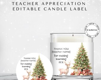 Teacher Appreciation Editable Candle Label, Christmas Holiday, Personalise Candle Sticker for Teacher Gift, Business Gift Label, Canva Edit