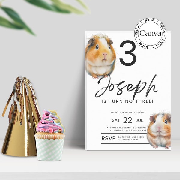 Guinea Pig Editable Party Invitation Template, Customizable Party Printable, Cute Pet Party Invite Canva Template, GP100