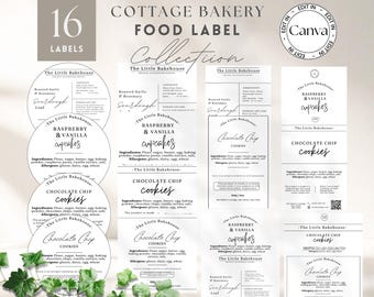 May include: A collection of 16 food labels for a cottage bakery. The labels feature text for various baked goods, including raspberry vanilla cupcakes, chocolate chip cookies, and roasted garlic rosemary sourdough loaf. The labels are in a minimalist design.