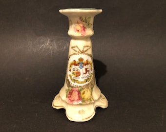 Vintage Isle of Man Candlestick: Douglas Coat of Arms, Floral Design, Circa 1910-20s