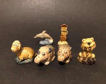 Vintage Wade Porcelain Figurines: Flintstones, Sabre Tooth, Rhinosurus, Dolphin, Grand Clock