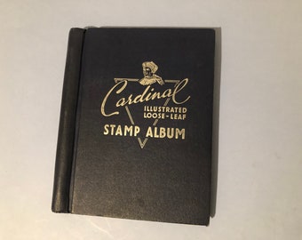 Vintage Stamp Album - Cardinal Loose Leaf with pull back and clamp cover with world wide stamps in mixed condition -Early to 1960s