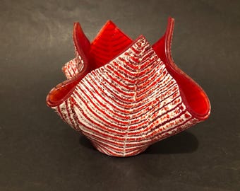Retro Freddo Handkerchief Vase: Red & Gray Striped Glass, 1970s