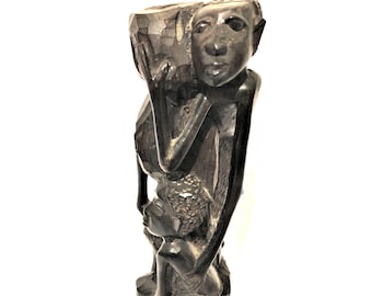 African Tribal Wood Carving: Woman with Children Sculpture