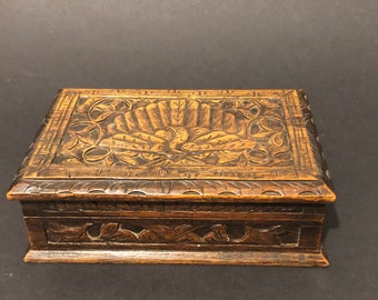 Hand carved Peacock wooden box with scroll design on sides
