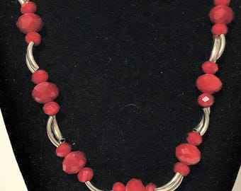 Red Faceted Bead Necklace: Costume Jewellery with Silver Tone Accents