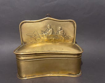 19th Century embossed Dutch taper candle box with medieval scene and wall hook- no makers mark.