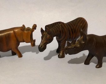 Wooden African Animals - Hippo, Rhino, Zebra hand made in Kenya Circ 1950-60s