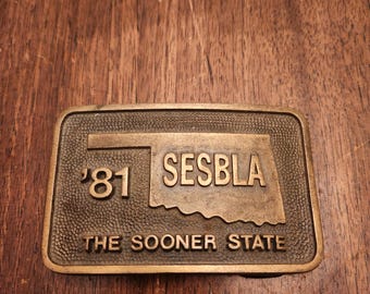 80s Brass Belt Buckle 1981 The Sooner State Oklahoma SESBLA