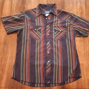 Vintage 90s Wrangler Blue Striped Pearl Snap Size Large