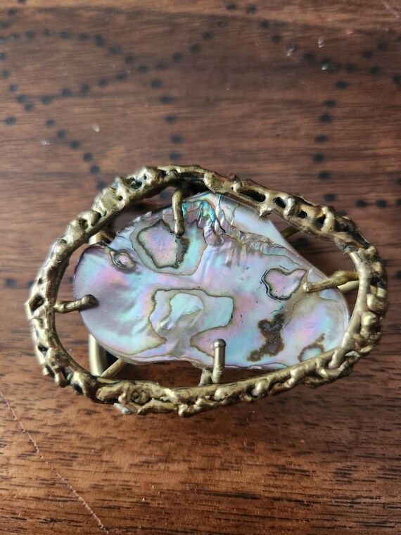 Vintage Brass & Abalone Shell Belt Buckle Vintage Mother of Pearl Belt Buckle Handmade Abalone Shell  main image 2