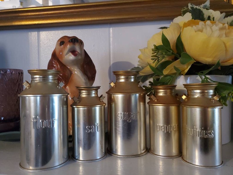 Vintage Aluminum Milk Jug Canister Set Salt and Pepper Shakers Etsy