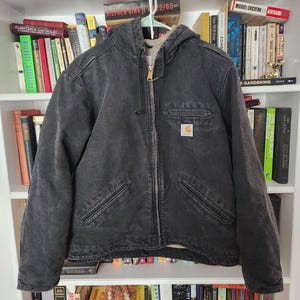 Vintage 90s Cartharrt Women&#39;s Jacket Black Fleece Lined Size Medium