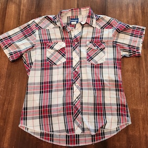 Vintage 90s Wrangler Short Sleeve Red Plaid Pearl Snap Size Large