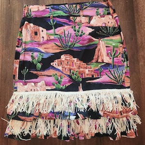Vintage Handmade Western Fringe Skirt Southwestern Cactus One of A Kind