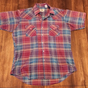 Vintage 90s Ely Cattleman Plaid Short Sleeve Pearl Snap Size Large
