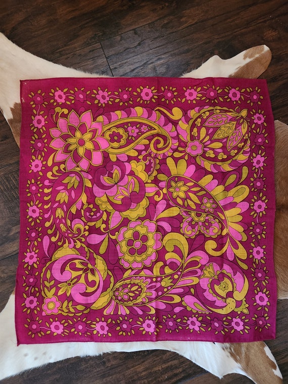 1960s Pink Floral/Paisley Scarf Bandana Retro Vint