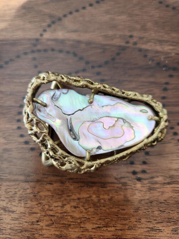 70s Vintage Brass and Abalone Brutalist Style Belt Buckle - Etsy display picture 2