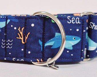 Sharks and whales martingale dog collars, ocean, male dogs, adjustable,