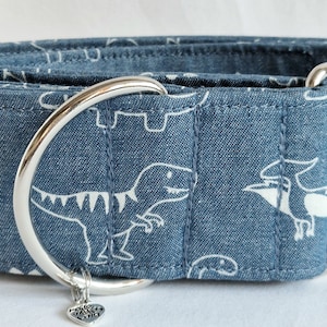 Dinosaur chambray martingale dog collars hand made