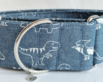 Dinosaur chambray martingale dog collars hand made