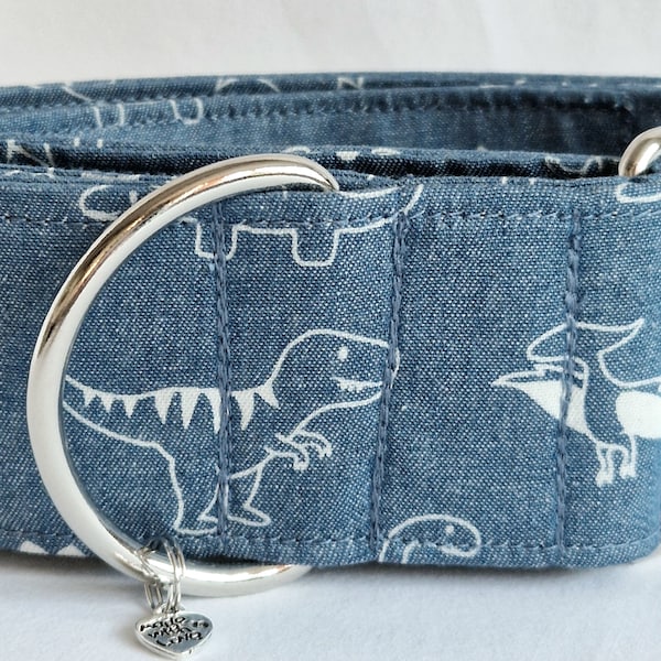 Dinosaur chambray martingale dog collars hand made