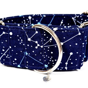 Stars, constellation matching martingale dog collars, leads and house collars, fully adjustable, greyhound collar, lurcher collar, whippet.