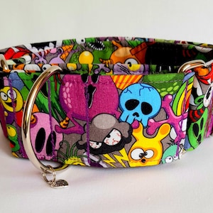 Funky monsters martingale dog collars and matching leads. Adjustable and hand made with welded high quality hardware,  machine washable