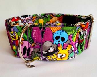 Funky monsters martingale dog collars and matching leads. Adjustable and hand made with welded high quality hardware,  machine washable