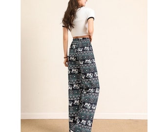 Réel ! Pantalon ample à motif éléphant, fabriqué dans un tissu léger de haute qualité pour un confort ultime.